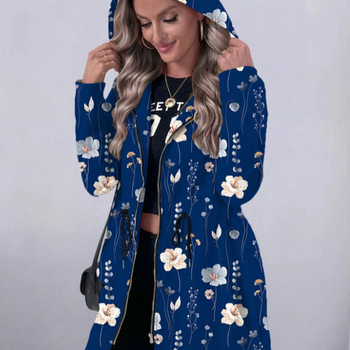 Hooded coat with full zip for women with floral print Lune London