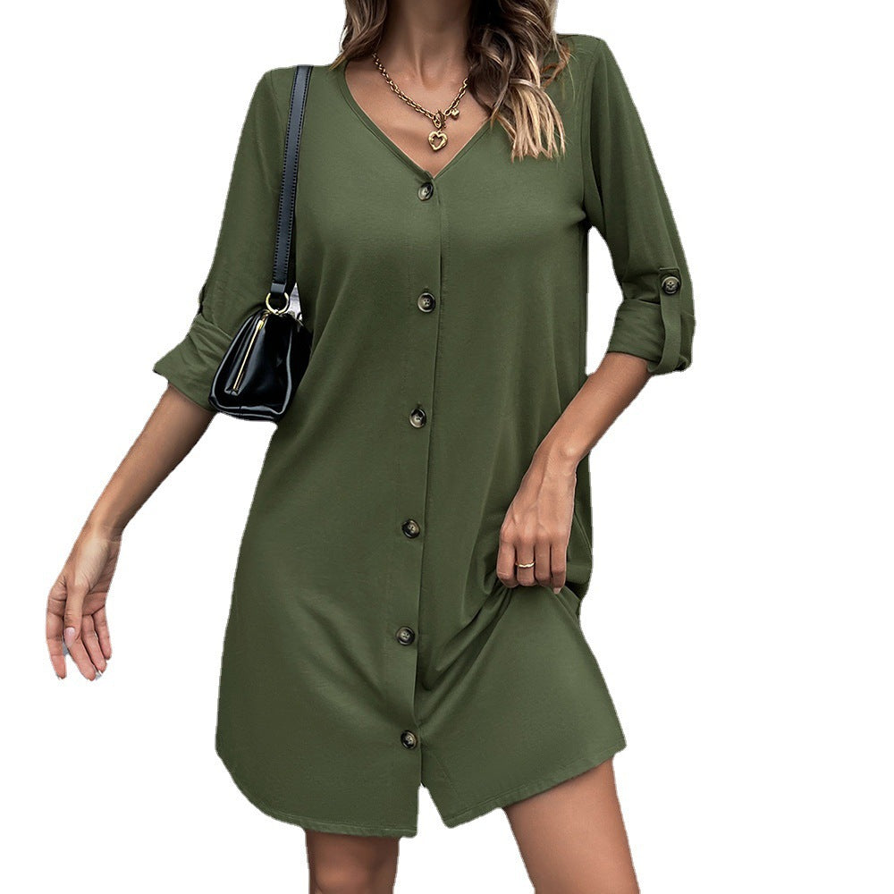 Casual button dress for women with V-neck and 3/4 sleeves Lune London