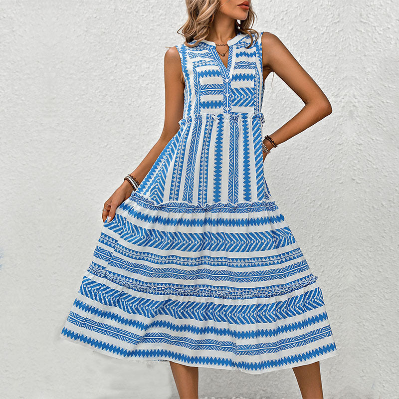 Elegant sleeveless mid-length dress for women with geometric print and button details Lune London