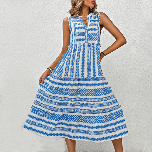 Elegant sleeveless mid-length dress for women with geometric print and button details Lune London