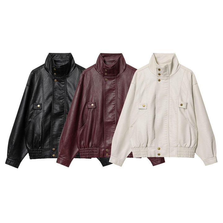 Faux leather jacket for women with high collar and practical pockets Lune London