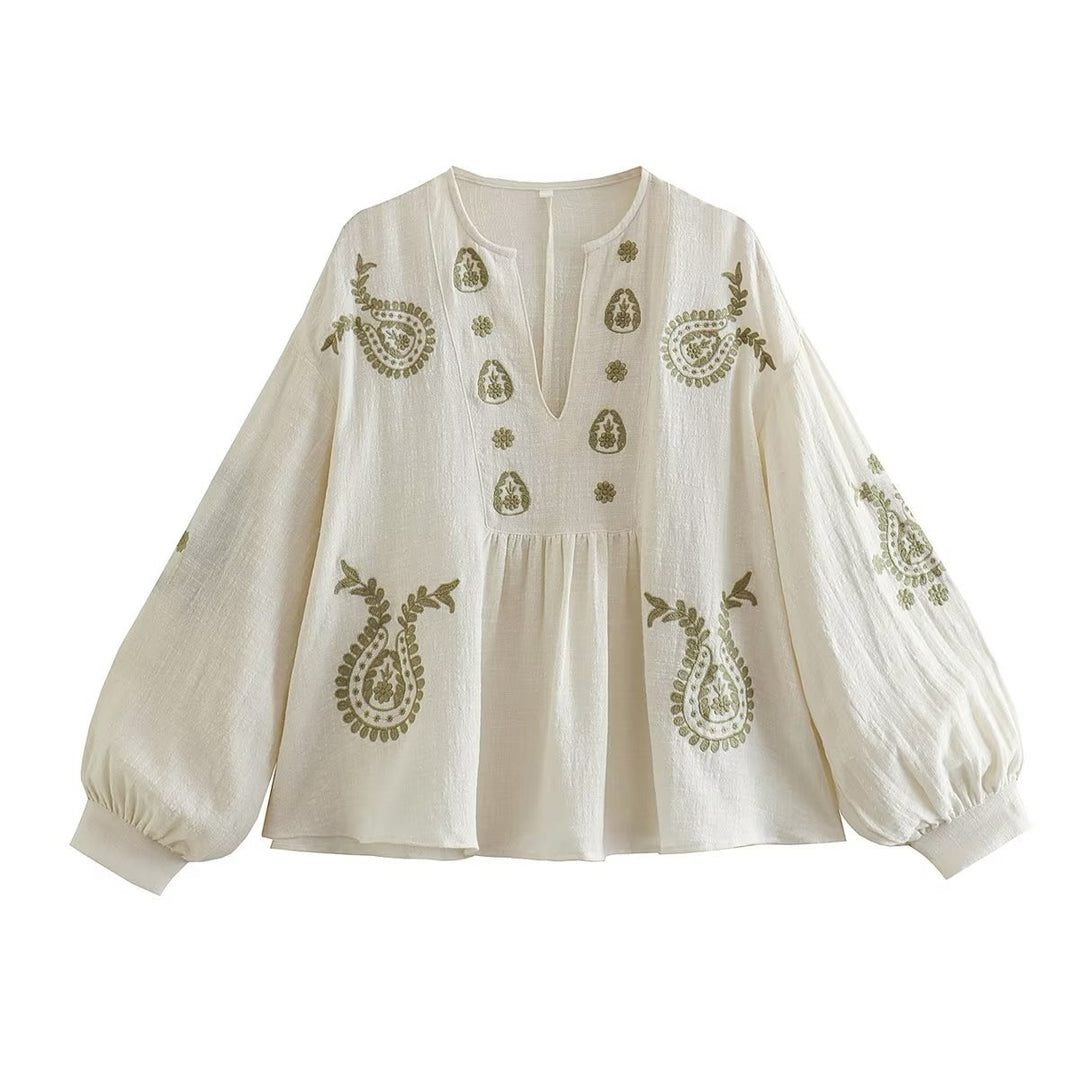 Embroidered blouse for women with puff sleeves and V-neck Lune London