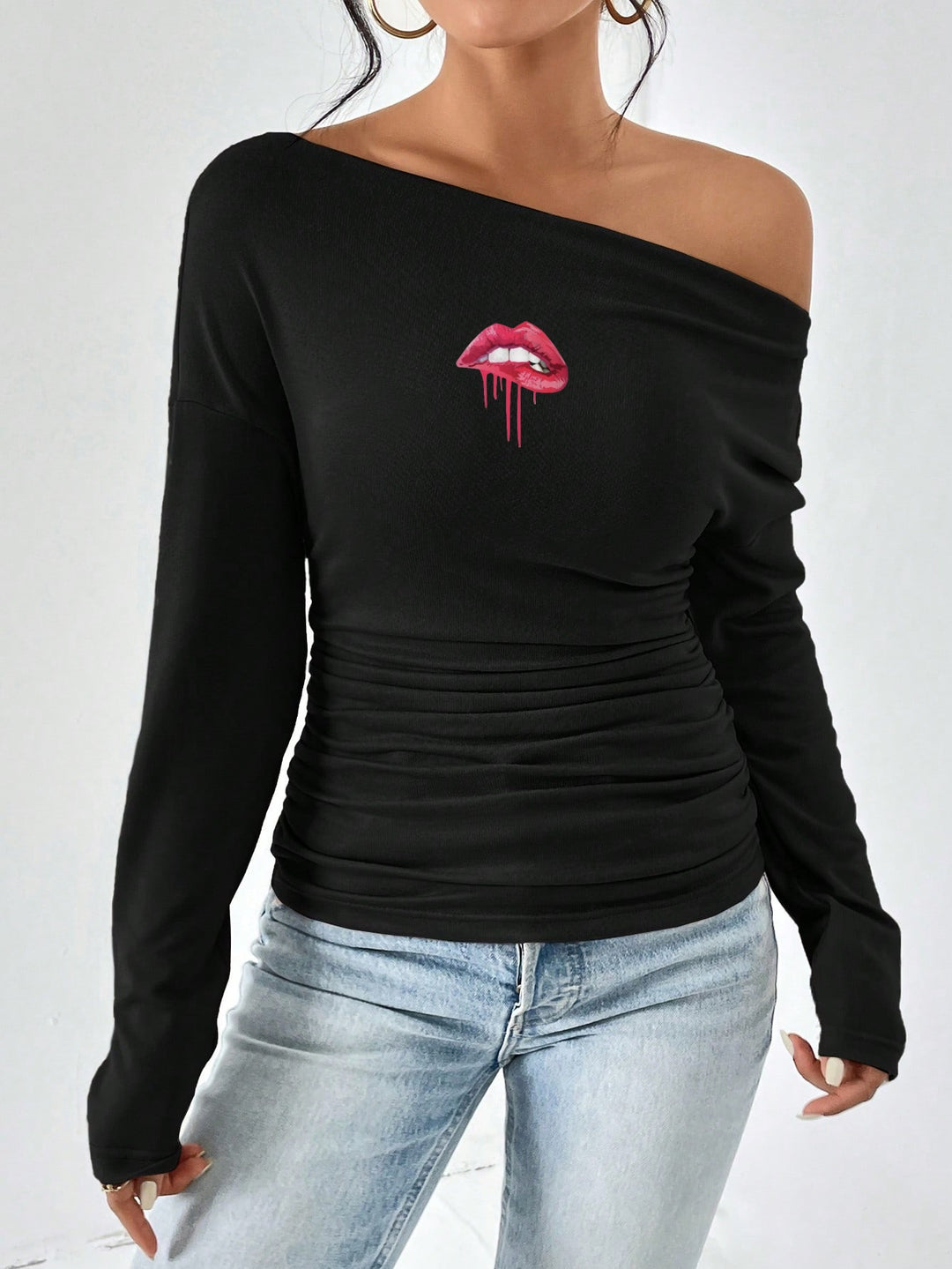 Fitted long sleeve t-shirt for women with asymmetric neckline and ruching Lune London