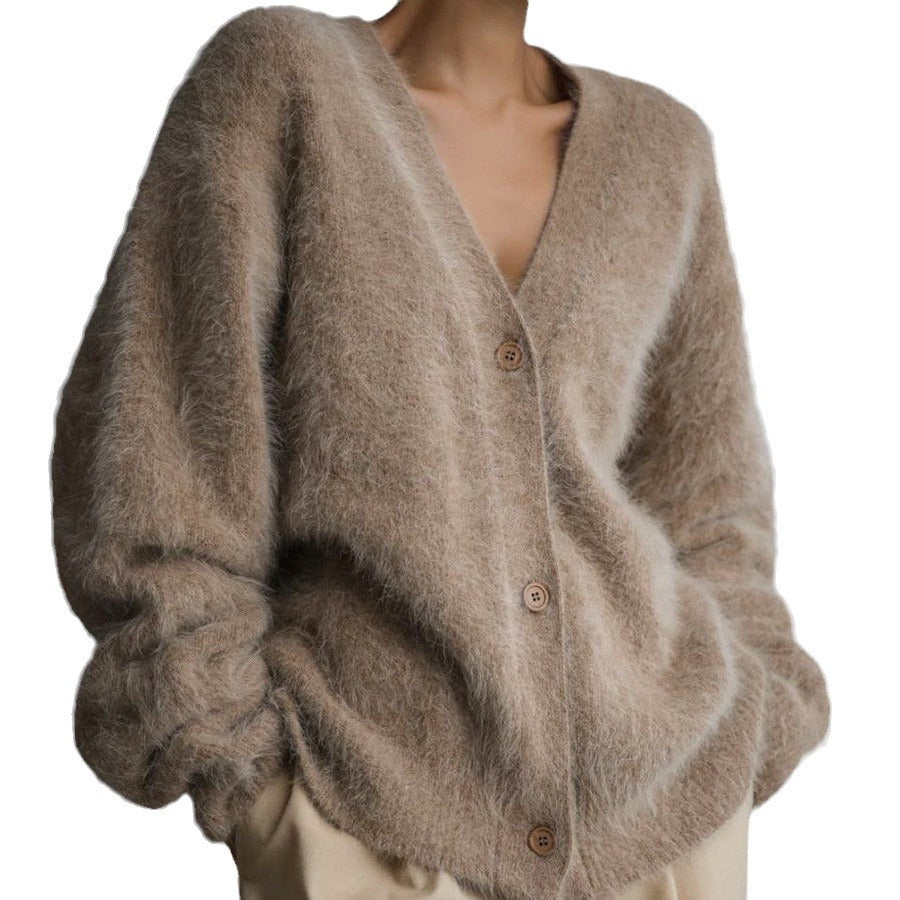 Cardigan Femme Fluffy avec Encolure en V et Détail de Bouton Chic & Stil