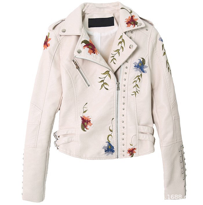 Ladies elegant biker jacket with floral embroidery and studs Lune London