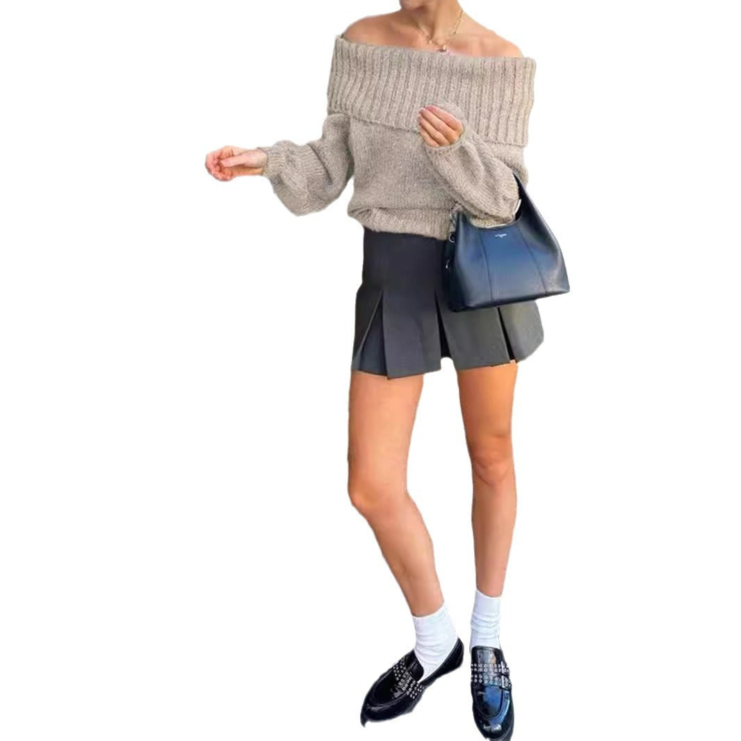 Ladies oversized sweater with wide collar and ribbed knit Lune London