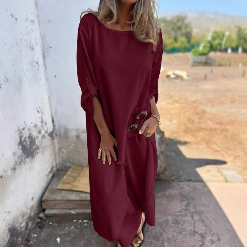 Casual maxi dress for women with a deep round neckline and practical button details Lune London