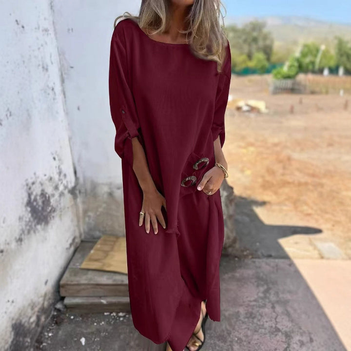 Casual maxi dress for women with a deep round neckline and practical button details Lune London