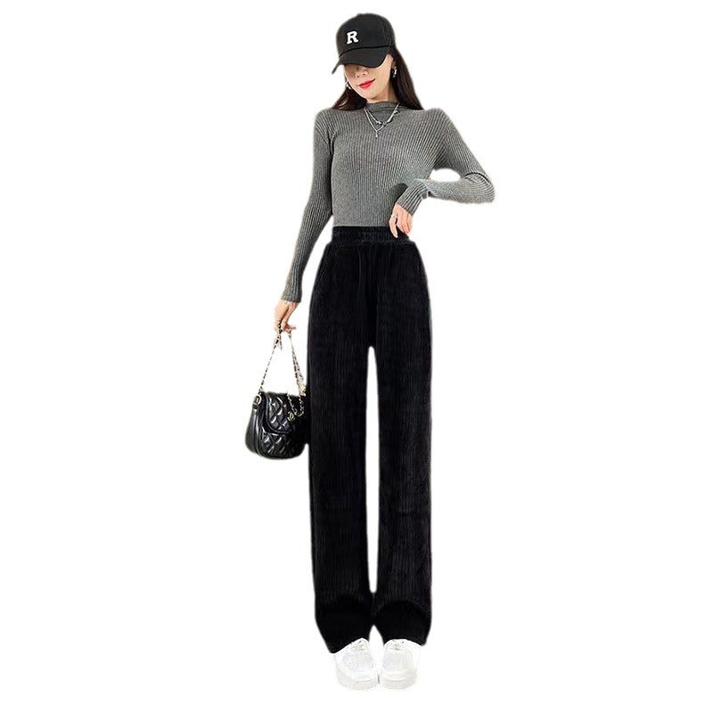Women's high-waisted corduroy pants with wide leg and elastic waistband