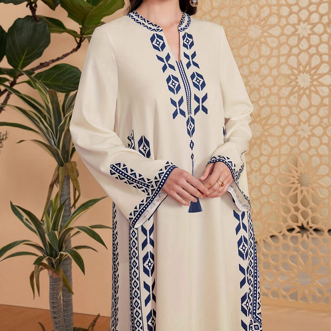 Caftan dress for women with an artistic embroidered design and an elegant V-neck Lune London