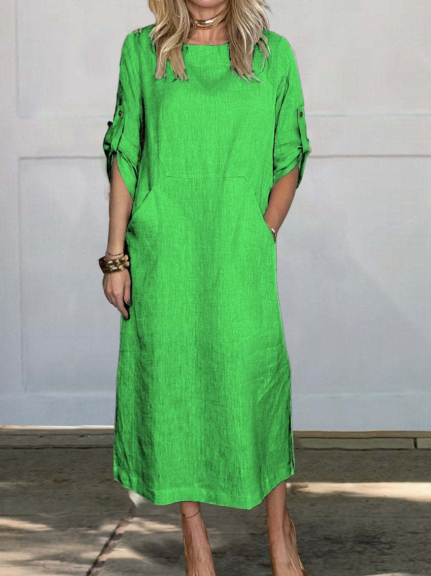 Women's Casual Linen Midi Dress with Side Pockets and Roll-Up Sleeves Chic & Stil