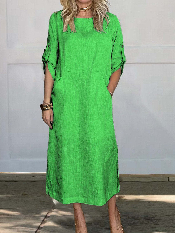 Women Casual Linen Midi Dress with Side Pockets and Roll-Up Sleeves Chic & Stil