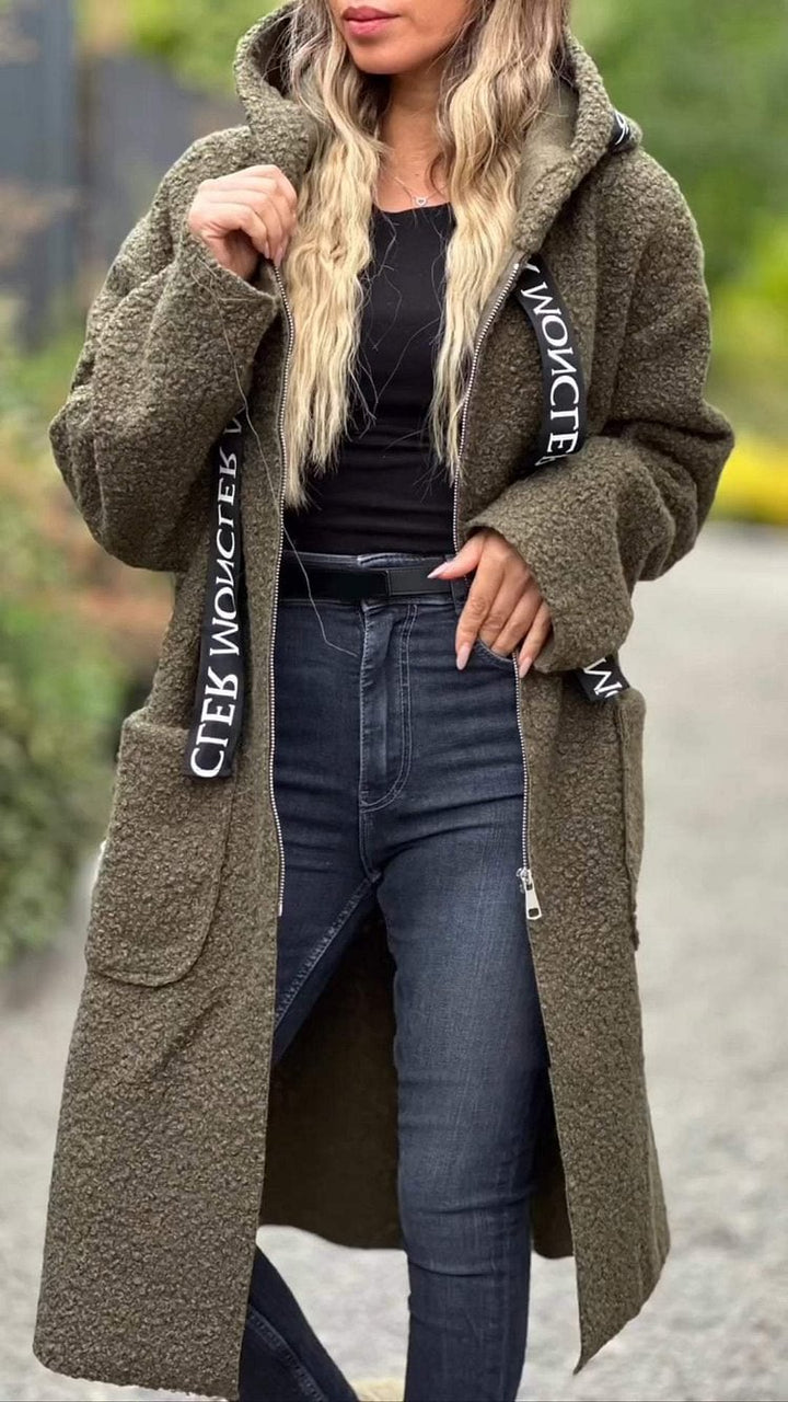 Long fleece coat for women with hood and convenient pockets Lune London