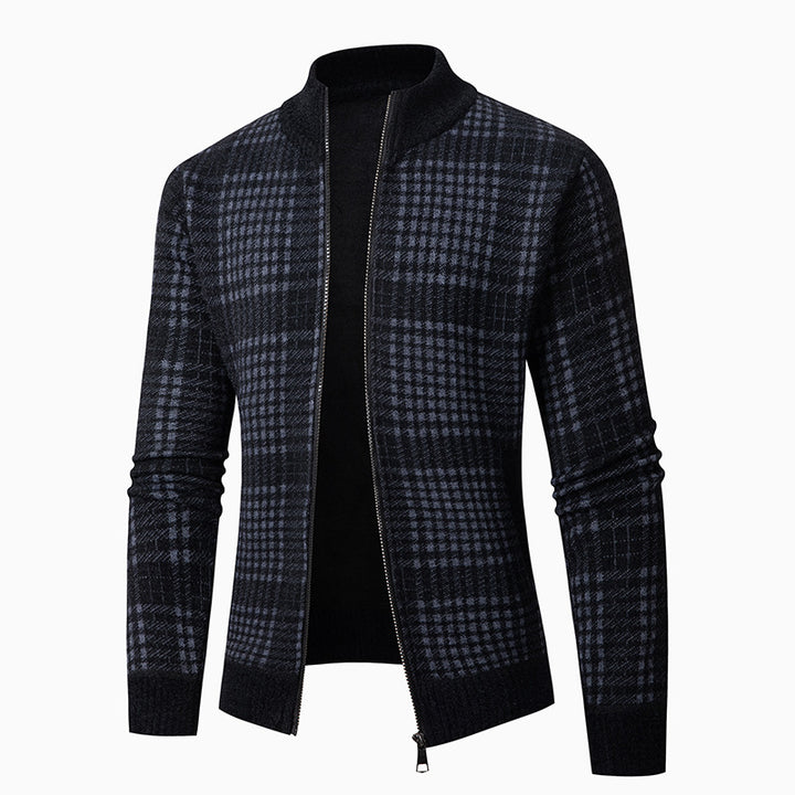 Elegant knit jacket for men with a modern check pattern and a high collar Lune London