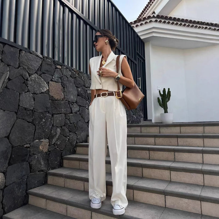 Wide palazzo pants for women with an elegant pleat treatment at the waist Lune London
