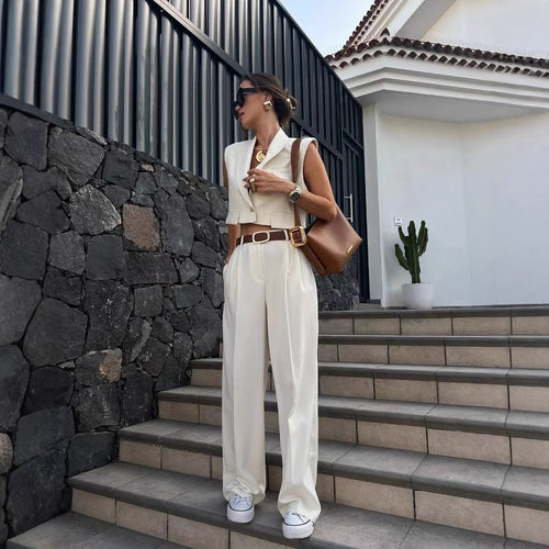 Wide palazzo pants for women with an elegant pleat treatment at the waist Lune London