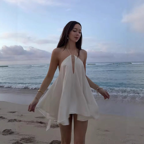 Light chiffon dress for ladies with deep V-neck and adjustable straps Lune London
