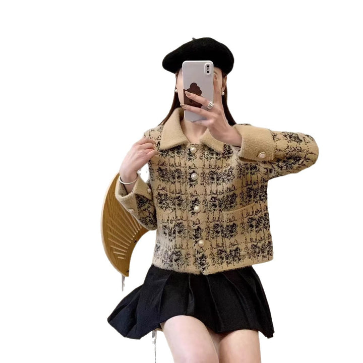 Women Elegant Knit Jacket with Pearl Buttons and Chic Collar