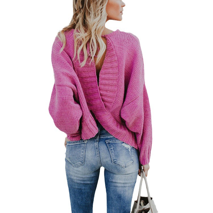 Casual knitted pullover for women with a deep V-neck and wide sleeves Lune London