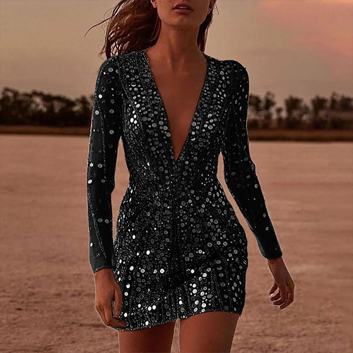 Ladies Luxurious Party Dress with Sparkling Sequins and Deep V-Neck Lune London