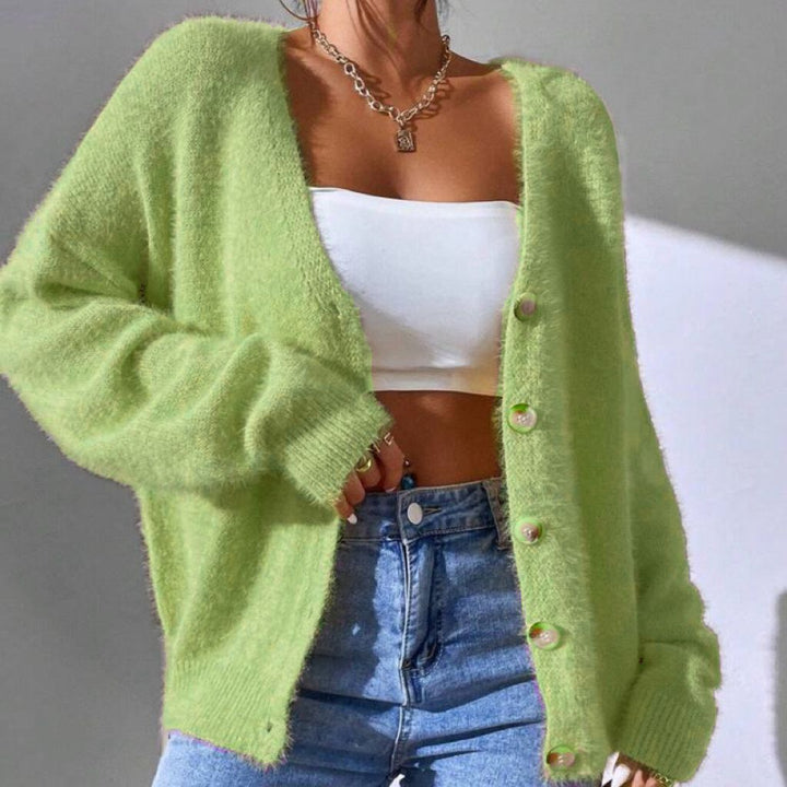 Ladies fluffy knit cardigan with golden buttons and relaxed fit Lune London