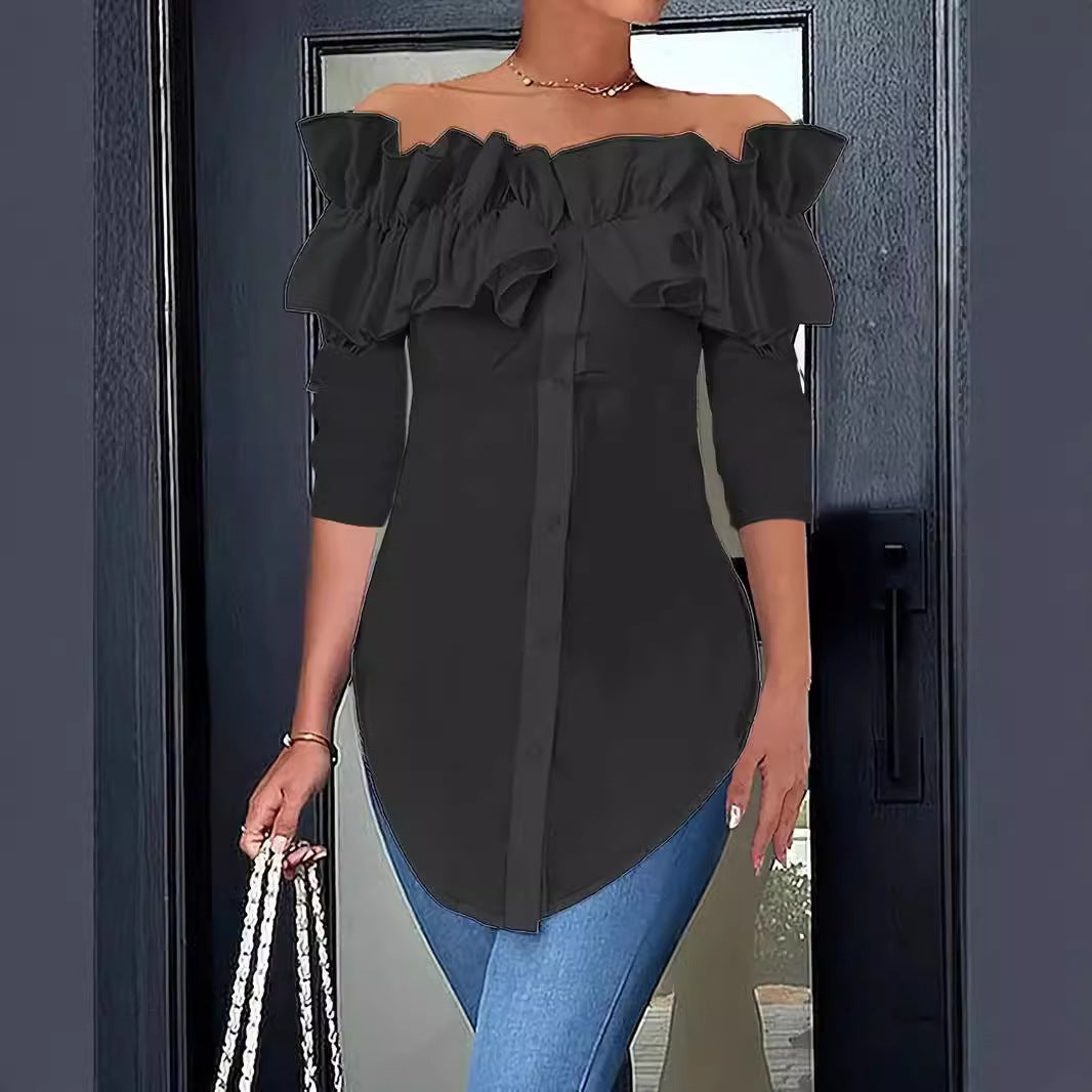 Women's off-shoulder blouse with ruffles and button placket Lune London