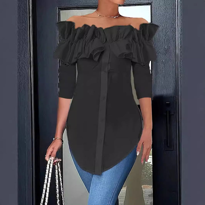 Women's off-shoulder blouse with ruffles and button placket Lune London