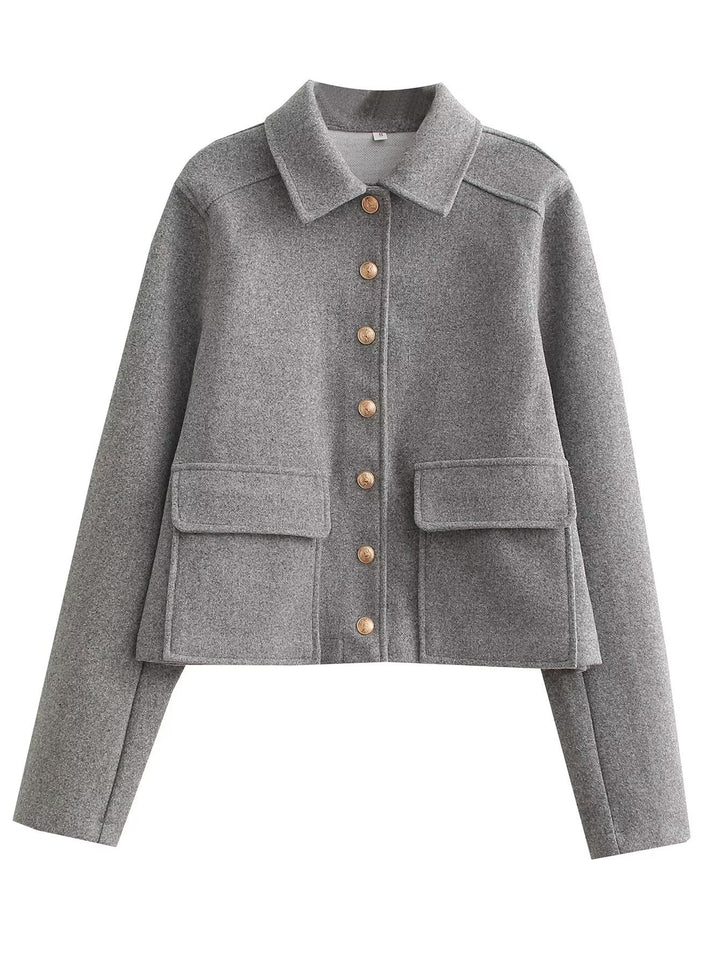 Short trendy jacket for ladies with practical pockets and gold buttons Lune London