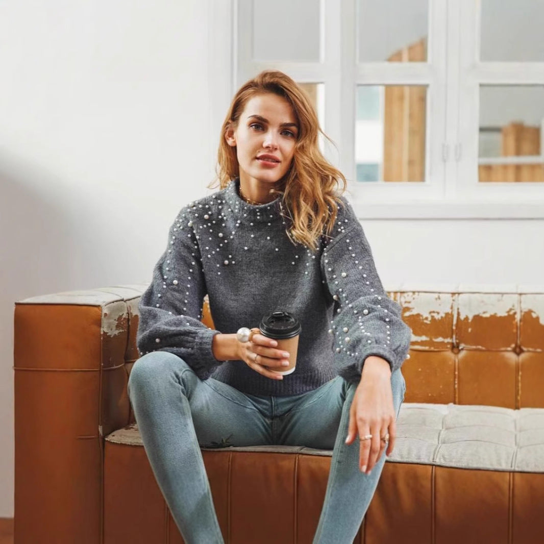 Elegant sweater for women with bead details and puff sleeves Lune London