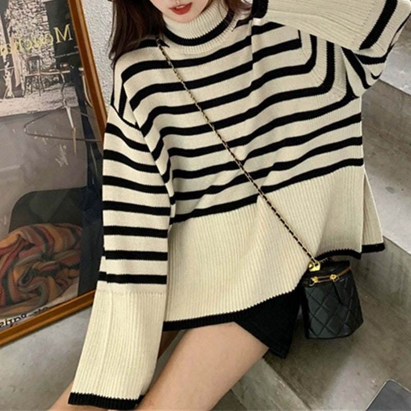 Casual high-neck sweater for women with chic striped pattern and style