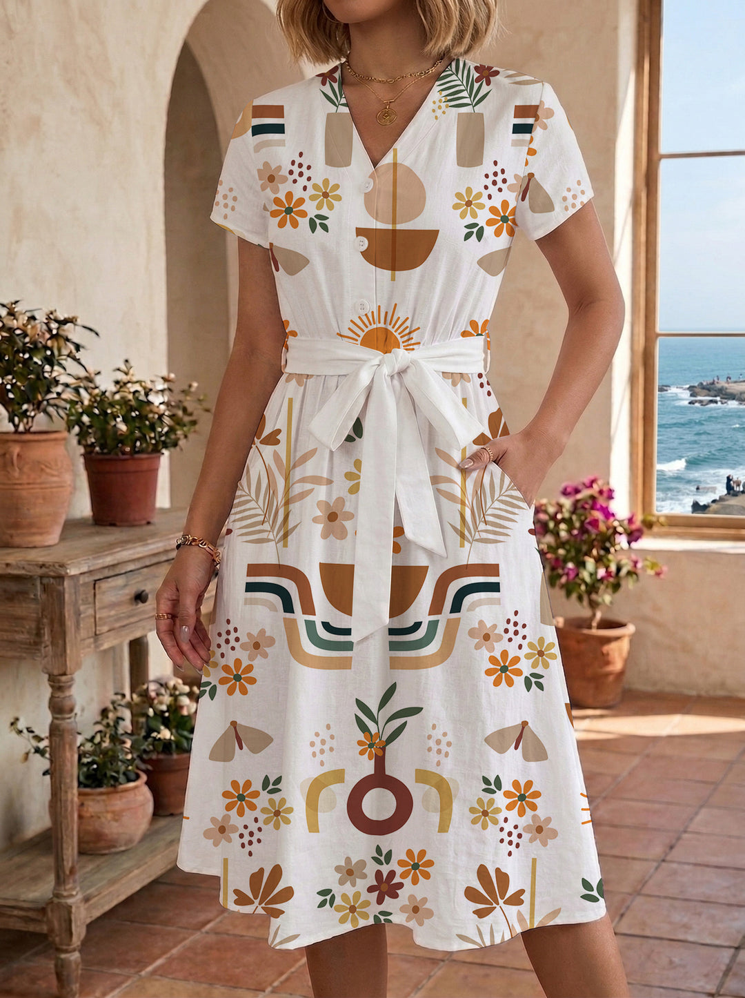 Women’s midi dress with colorful floral design and adjustable tie belt Lune London