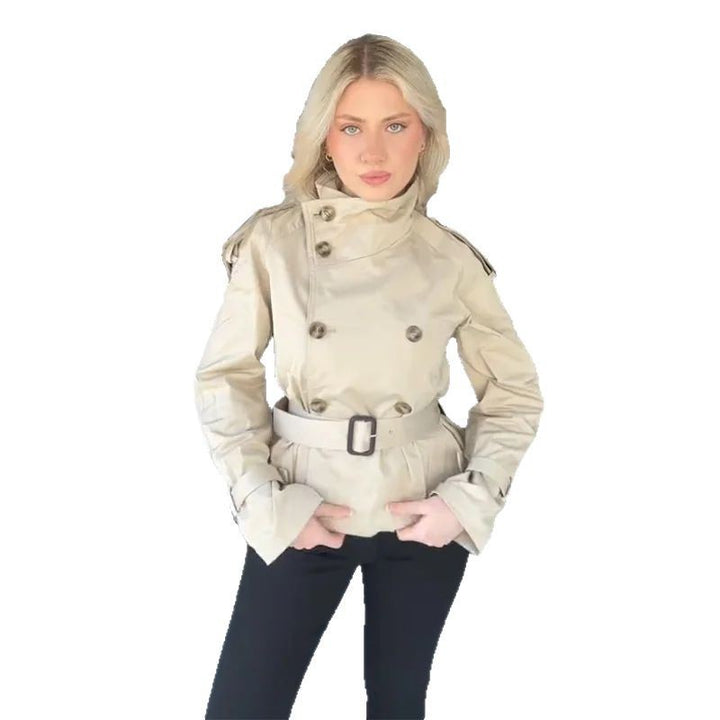 Manteau trench court féminin à la mode avec double rangée de boutons et ceinture Chic & Stil