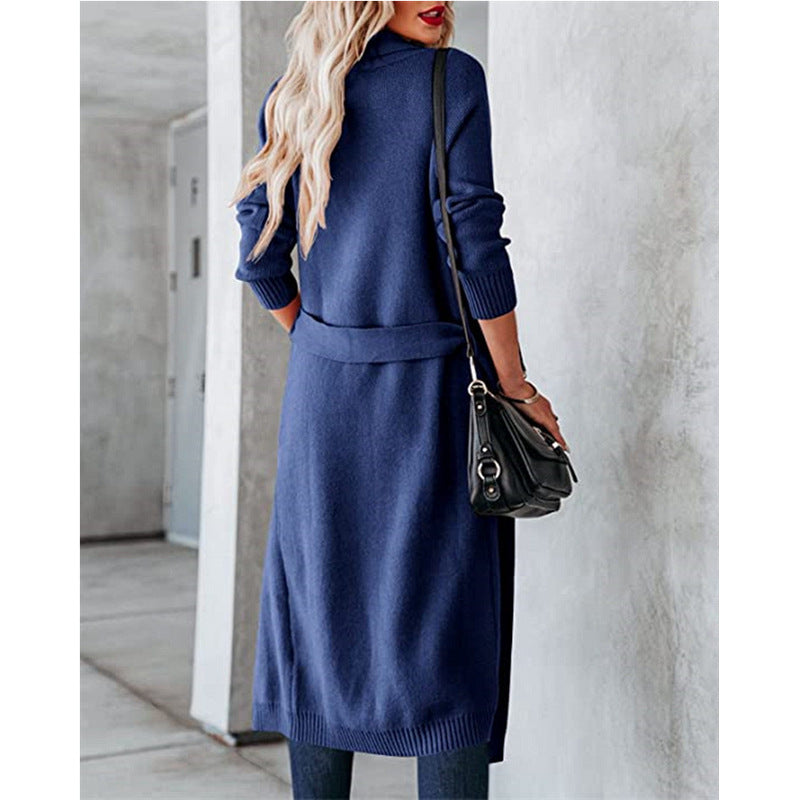 Ladies elegant long cardigan with waist belt and chic pockets and style
