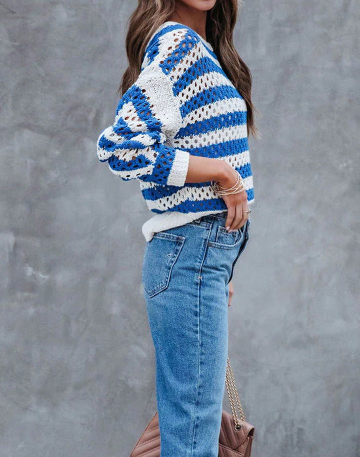 Knitted airy sweater for women with a large diamond pattern and a striped design Lune London
