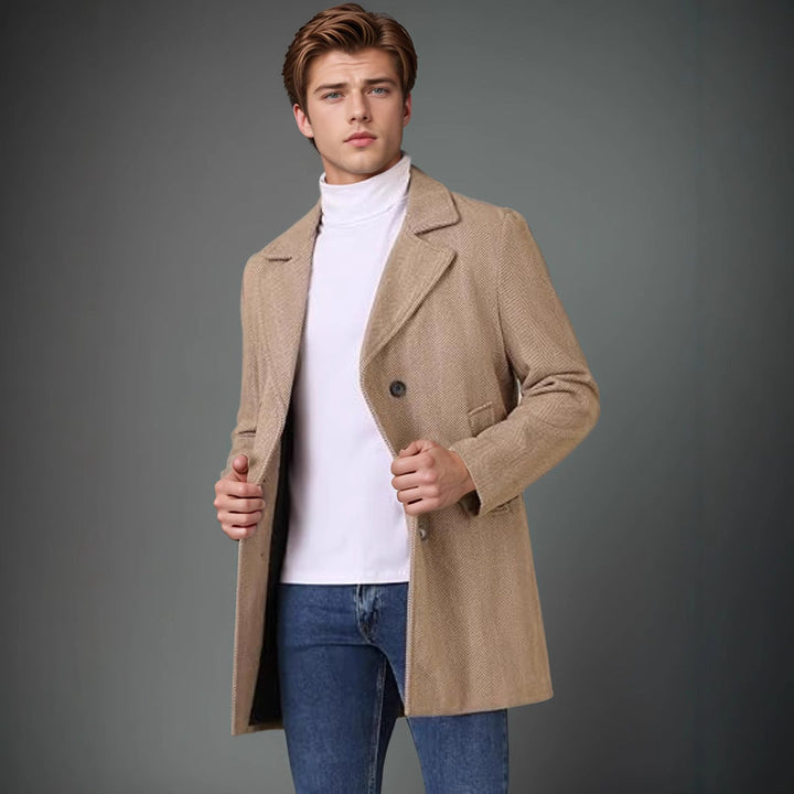 Men's Elegant Double-Breasted Coat with Textured Herringbone Pattern Chic Und Stil