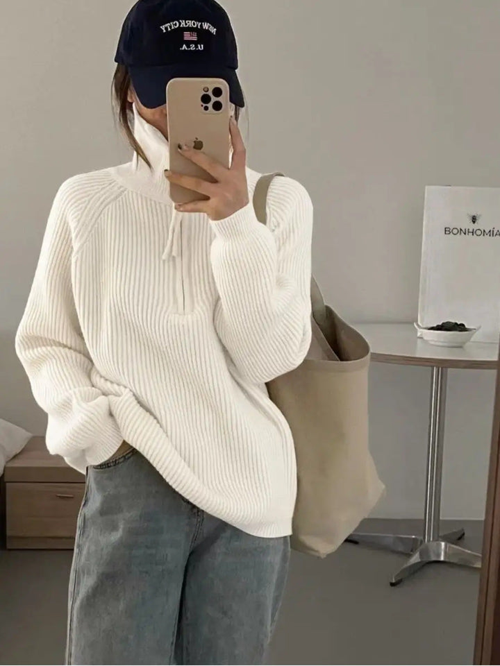 Pull en tricot épais pour femme avec fermeture éclair et col montant Chic & Stil