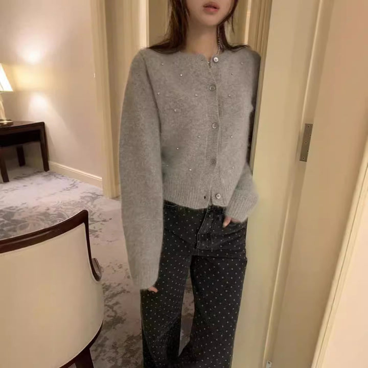 Elegant ladies knit cardigan with trendy pearl accents Lune London