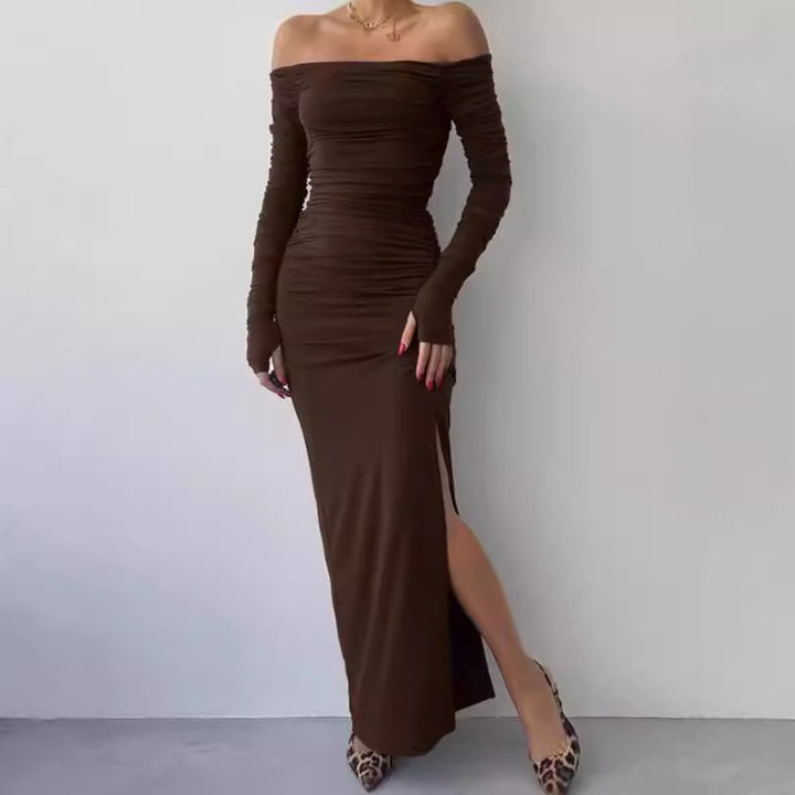Elegant maxi dress for women with off-the-shoulder design, ruching and long sleeves Lune London