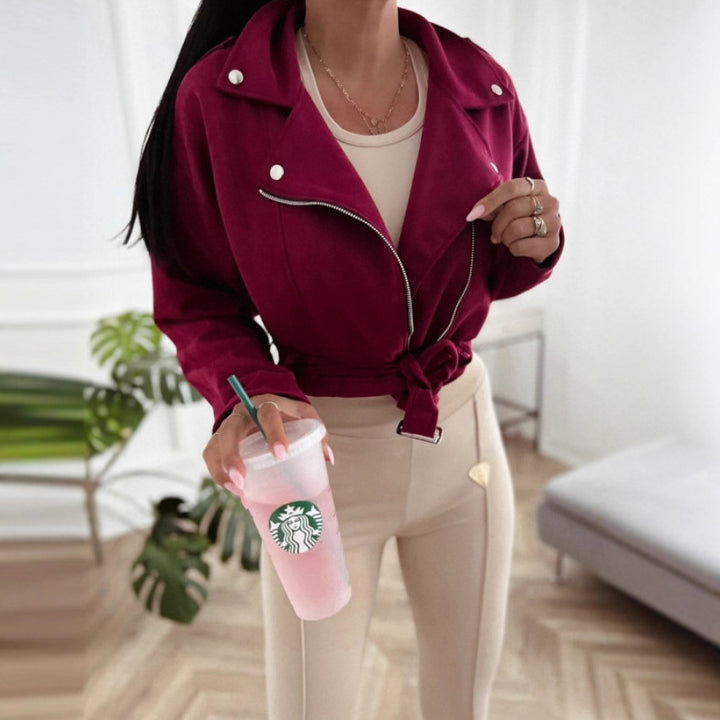 Veste de motard en simili cuir élégante et moderne pour femmes avec ceinture Chic & Stil