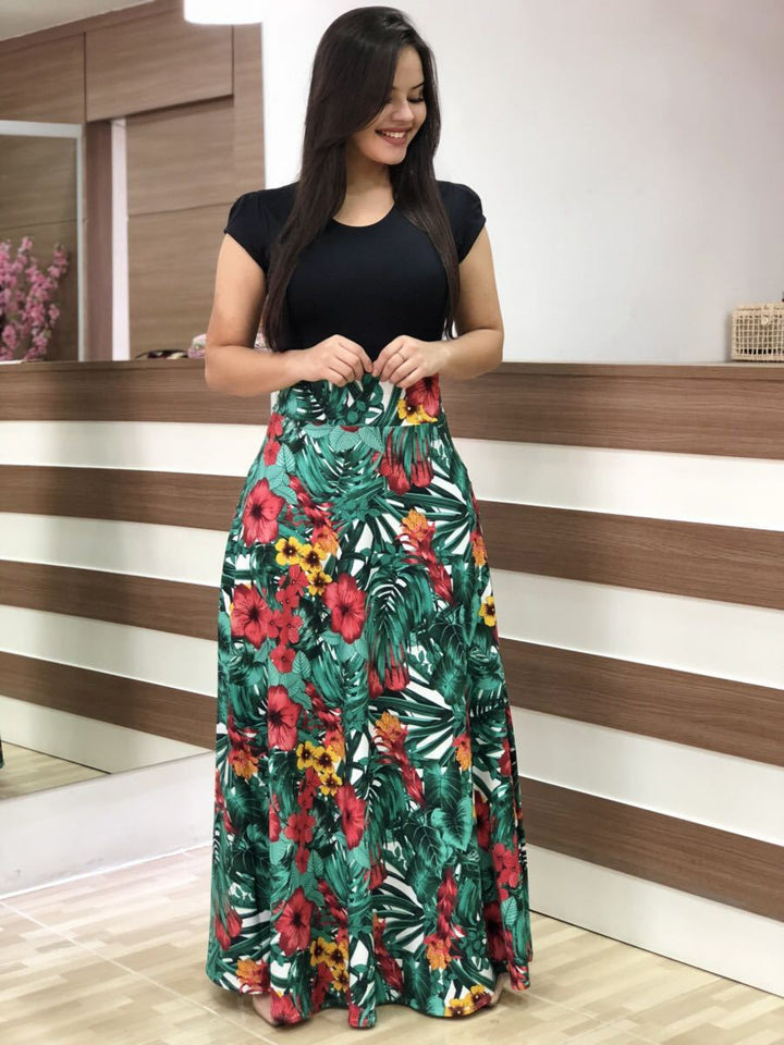 Women's Elegant Maxi Dress with Graphic Print and Flexible Waist Lune London