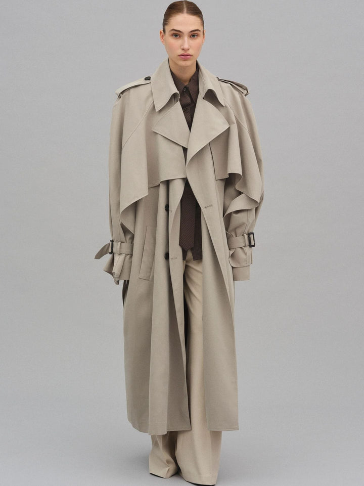 Oversized trench coat for women with richly detailed drapery and trendy cut Lune London