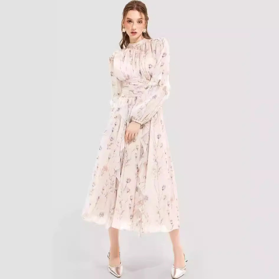 Women's midi dress with floral embroidery and elegant ruffled hem Lune London