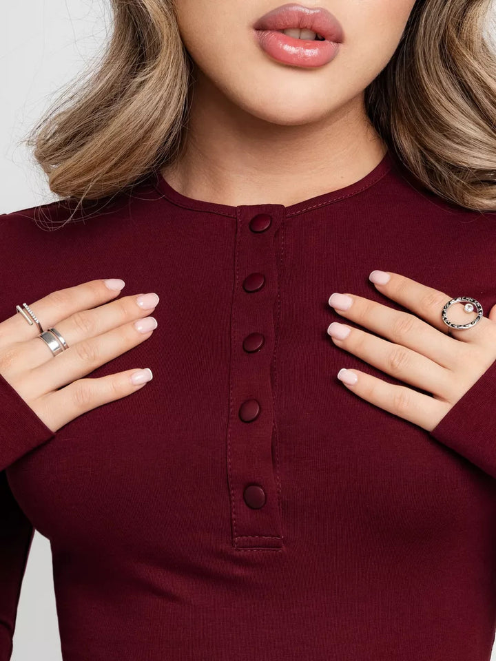 Women Long Sleeve Top with Button Placket and Fitted Cut Lune London