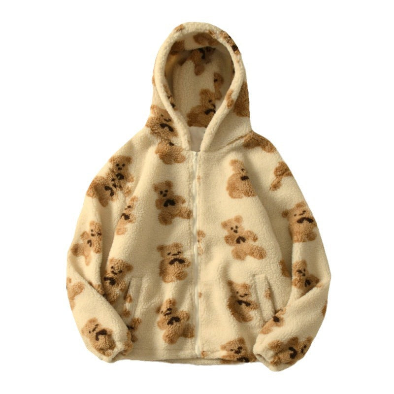 Ladies Cozy Hooded Jacket with Pretty Bear Pattern Lune London