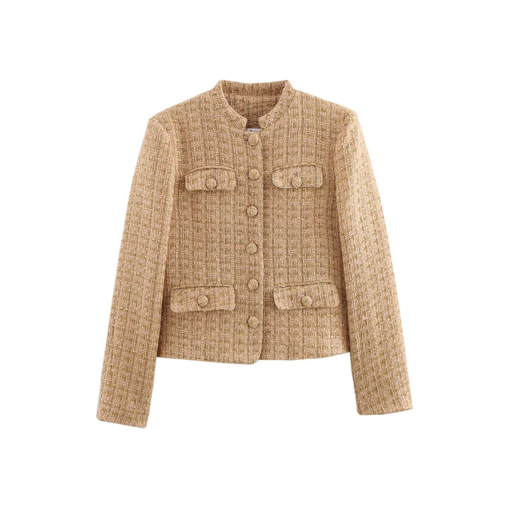 Ladies elegant boucle jacket with gold buttons and applied pockets Lune London