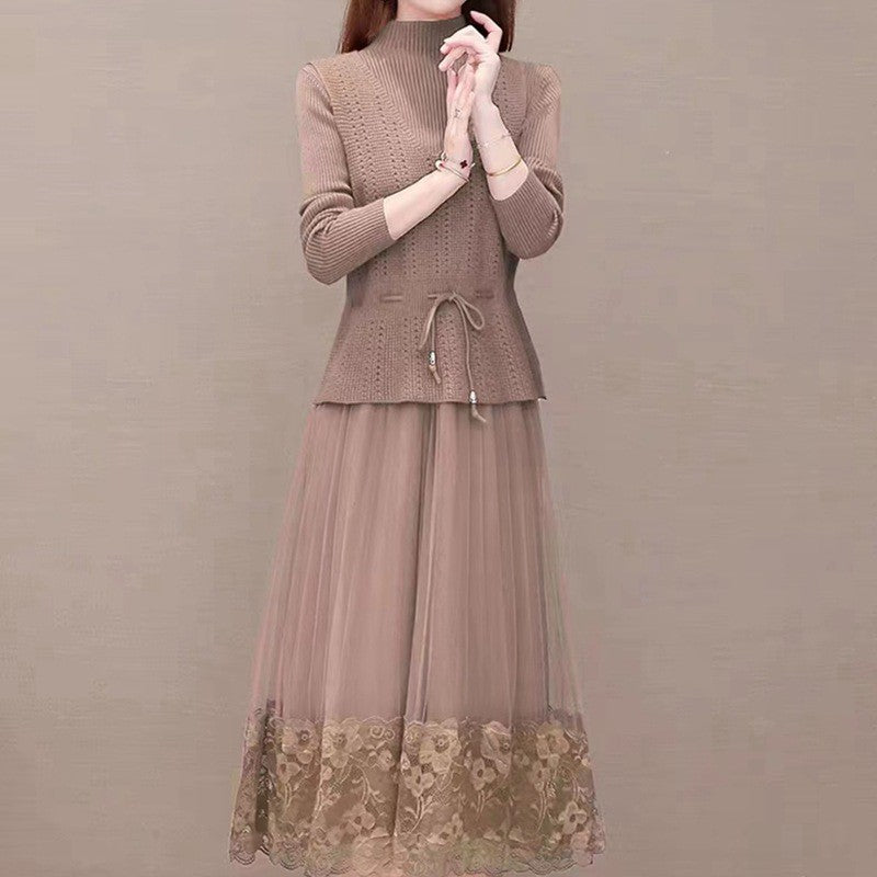 Elegant knit and tulle dress for women with floral lace finish Lune London