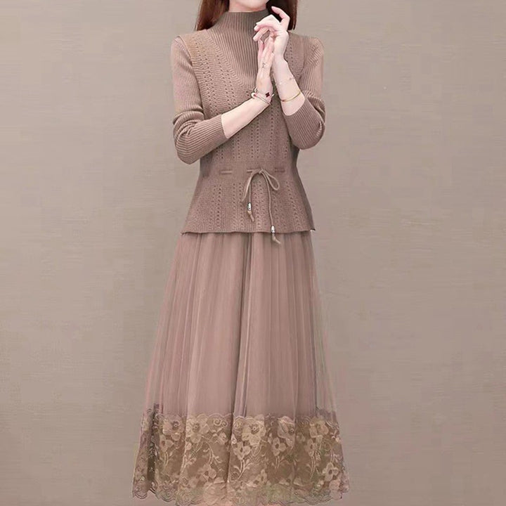 Elegant knit and tulle dress for women with floral lace finish Lune London