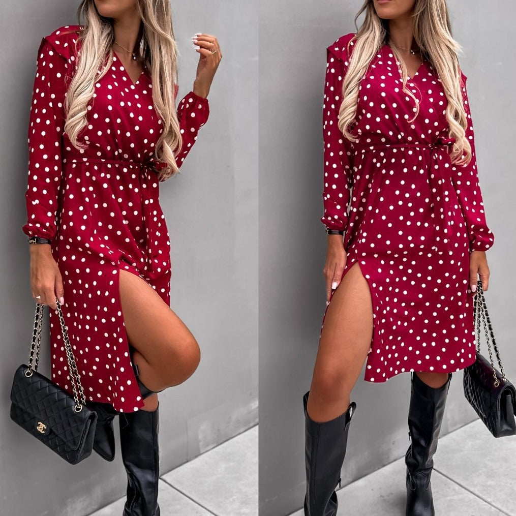 Polka dot wrap dress for women with a high slit Lune London
