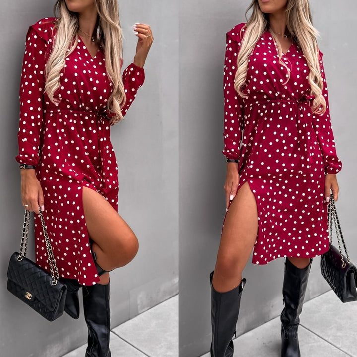 Polka dot wrap dress for women with a high slit Lune London