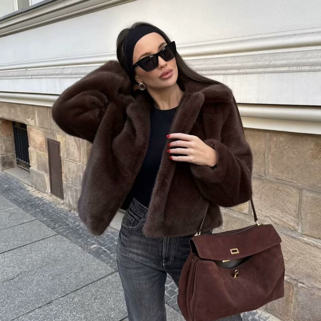 Ladies soft synthetic fur coat with an elegant lapel collar Lune London